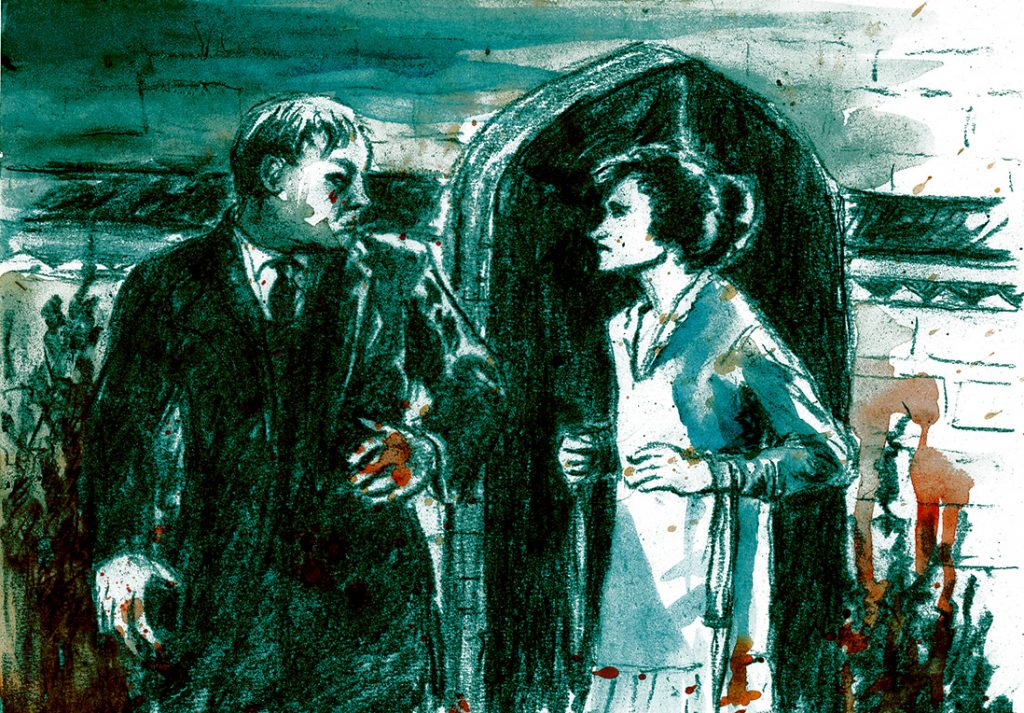 at the gate, charcoal, water colour and digital adjustments, silent movie illustration