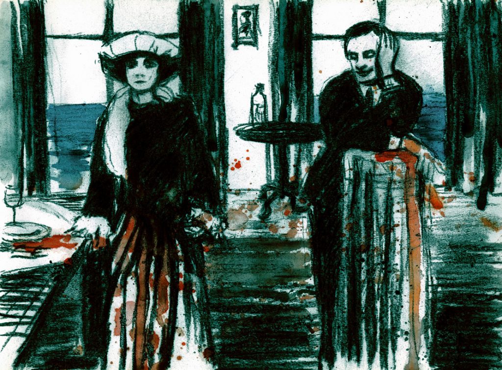 by the sea, charcoal, water colour and digital adjustments, silent movie illustration