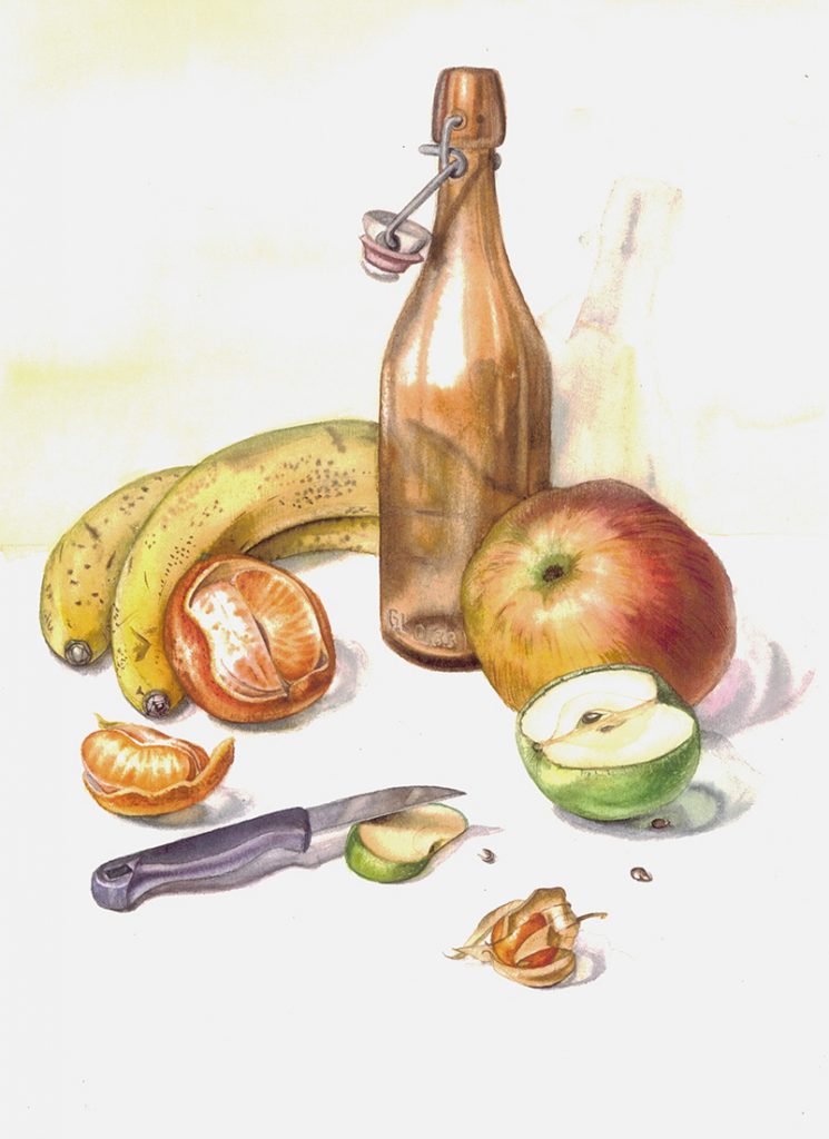 water colour- food illustration- bananas, apples, oranges, physalis