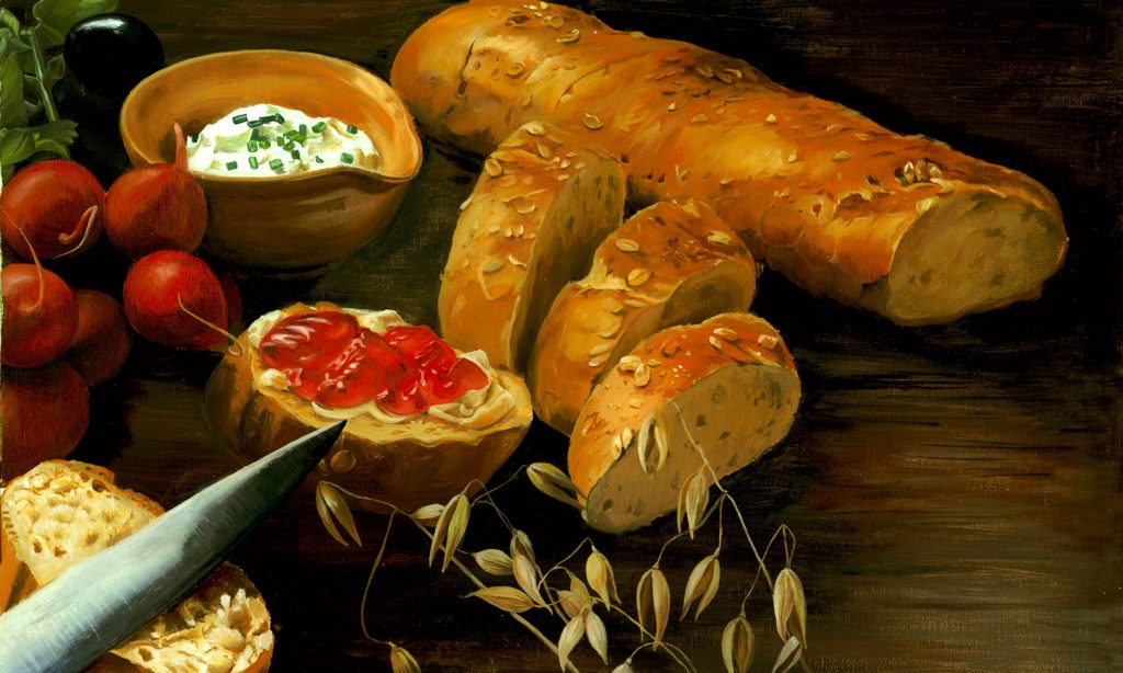 oil - food illustration- baguette, jam, radish