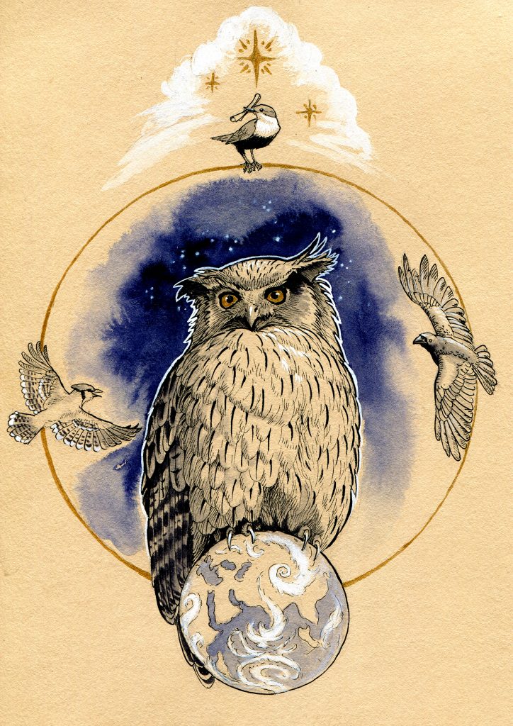 Blakiston's Fish Owl - Inktober 2019 - ink, indigo drawing ink, white gouache and golden acrylic
