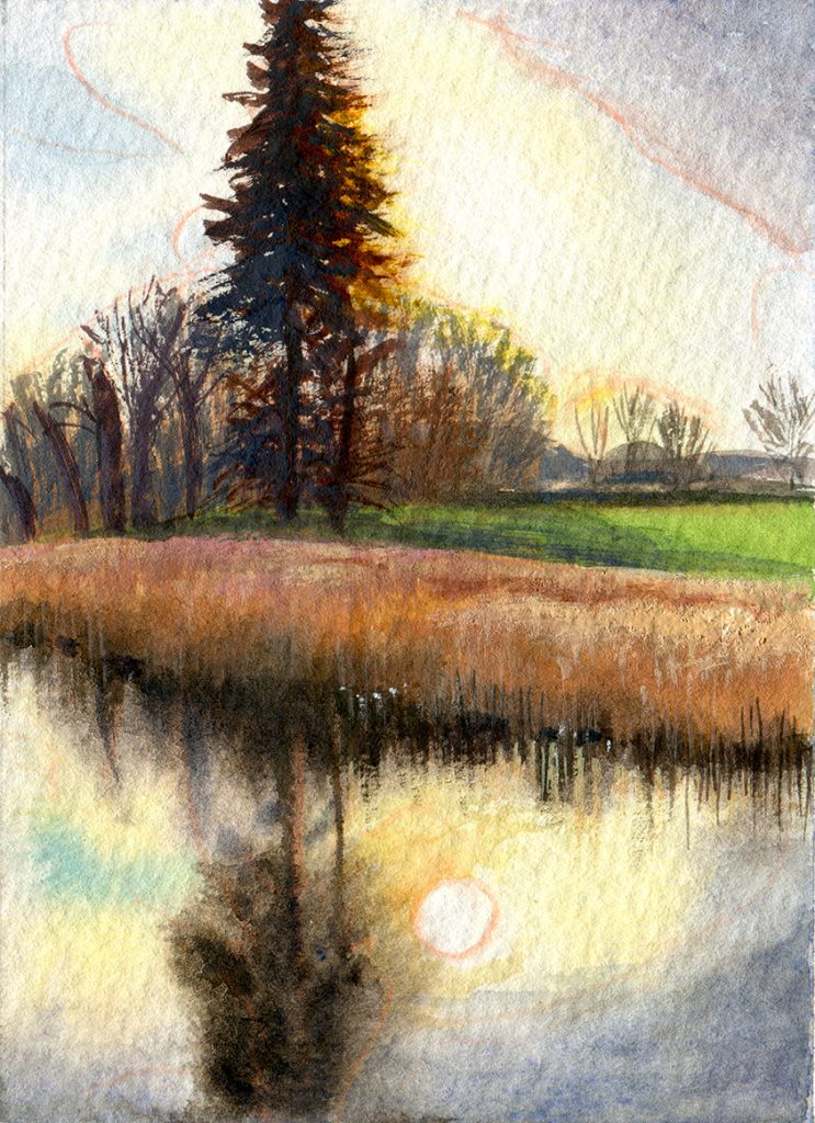 water colour - gouache - landscape - illustration - schoolism "water colour sketch class" - evening light in the park in Putbus