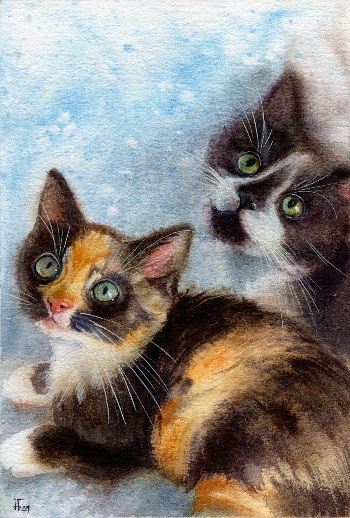 Aquarell - Illustration - schwarz-weiße Katze und Glückskatze - Tierportrait für den Kalender des Tierschutzbundes Greifswald
