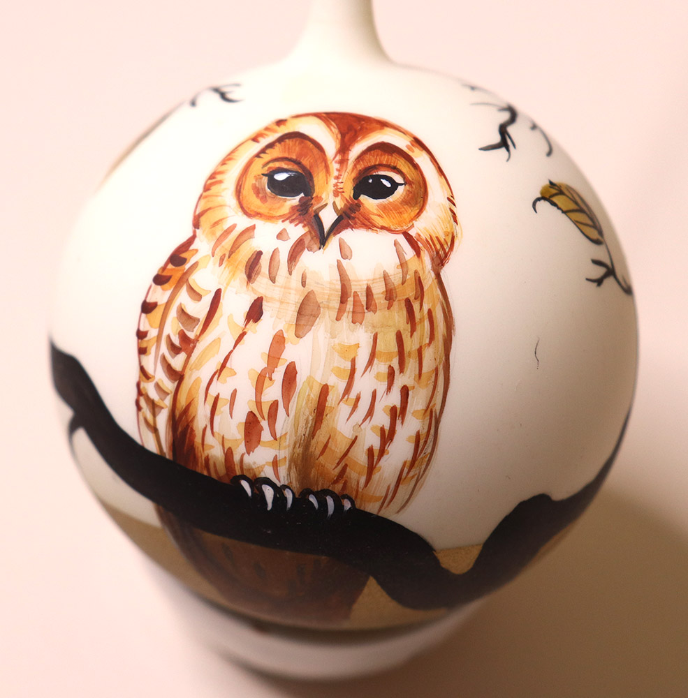 Christmas bauble with bird design, owl with golden leaves, hand painted, unique