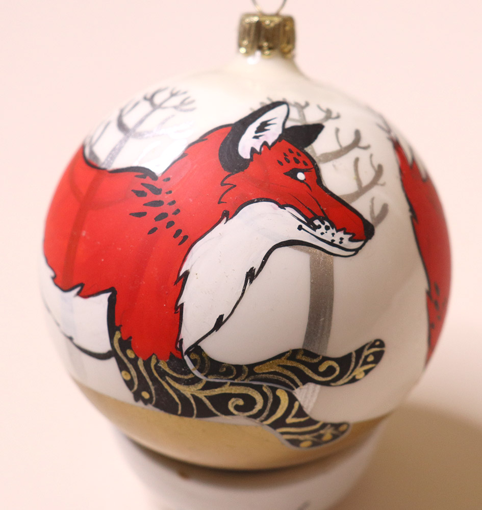 Christmas bauble with animal design, fox with ornaments, hand painted, unique