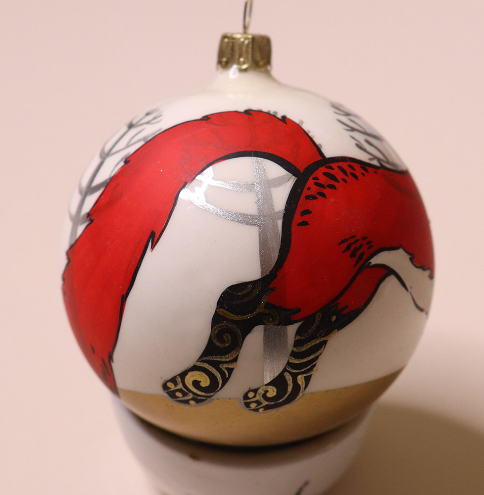 Christmas bauble with animal design, fox with ornaments, hand painted, unique