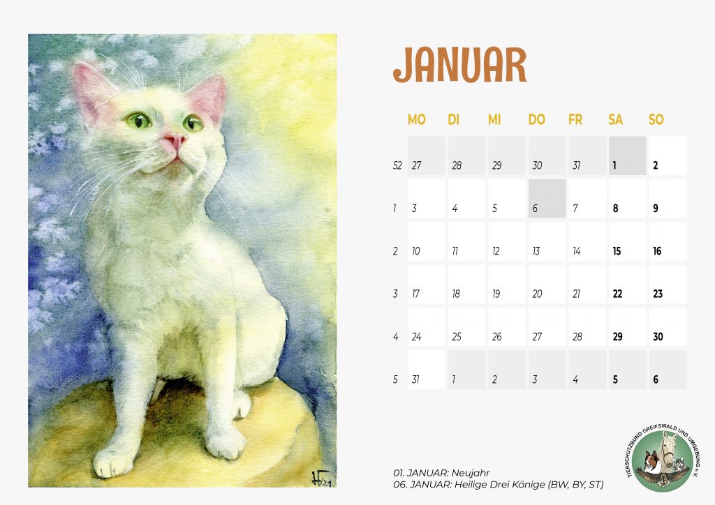 Monat Januar des Kalenders für den Tierschutzbund Greifswald mit meinen Tieraquarellen