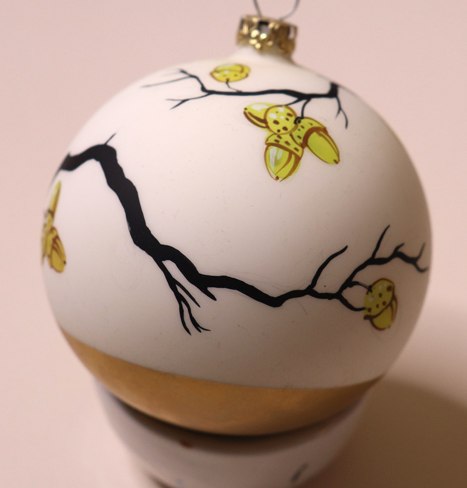 Christmas bauble with bird design, nuthatch with oak branches, hand painted, unique
