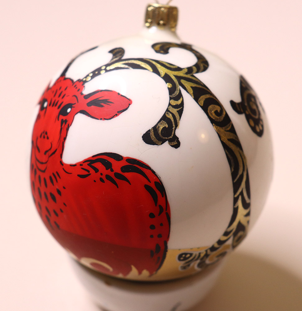 Christmas bauble with animal design, reindeer with ornaments, hand painted, unique
