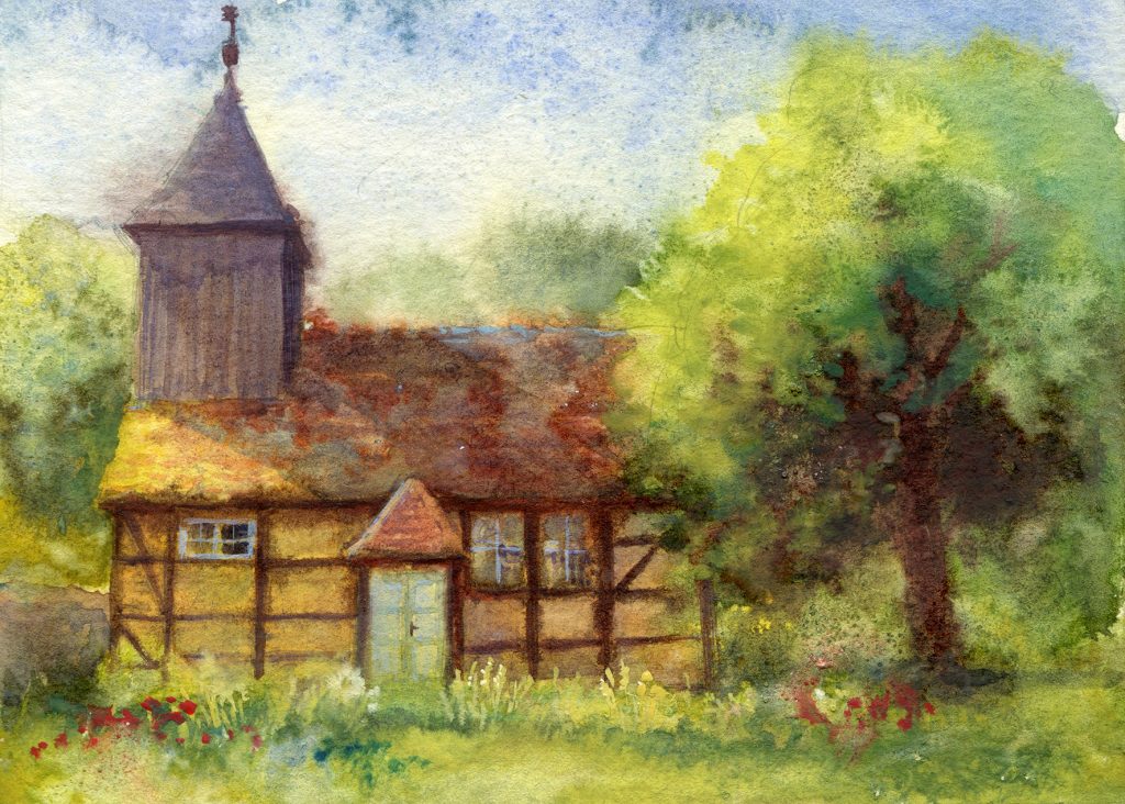 water colour - gouache - illustration - plein air - chapel in Klempenow - landscape painting