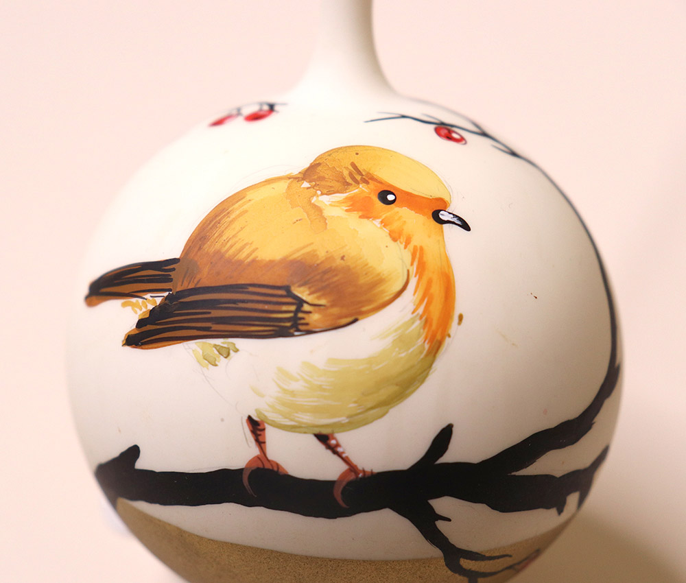 Christmas bauble with bird design, robin with red berry branches, hand painted, unique