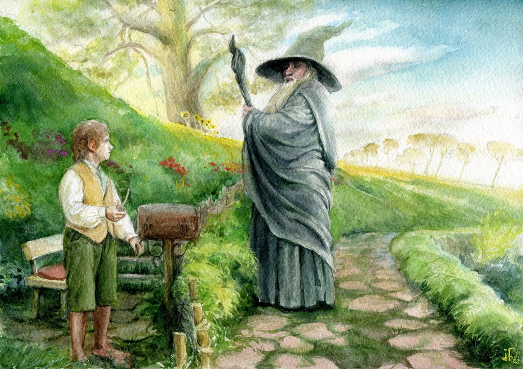 "Bilbo trifft Gandalf" - Aquarell - "Der Hobbit" Fanart - J.R.R. Tolkien - Illustration - Fantasy - Buchillustration - Sagengestalt