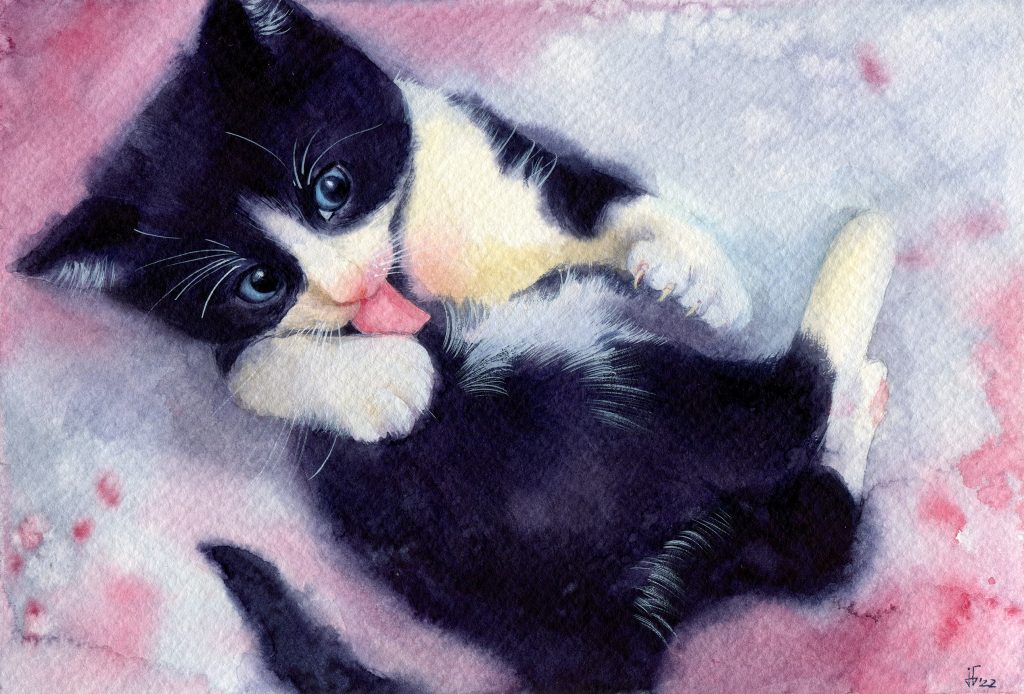 Grooming kitty - pet portrait done in watercolour, animal art, animal illustration